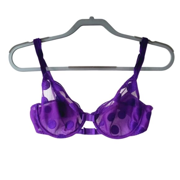 Lejaby France Purple Polkadot Lux Lace Bow Applique Underwire Bra Bralette 32G - Picture 1 of 4